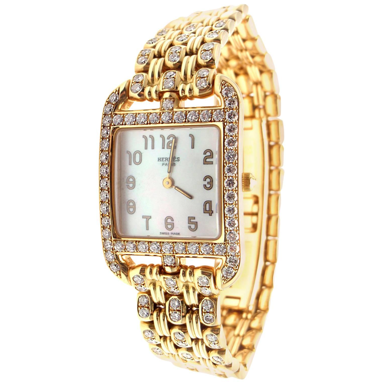 Hermes Ladies Yellow Gold Diamond Cape Cod Quartz Wristwatch