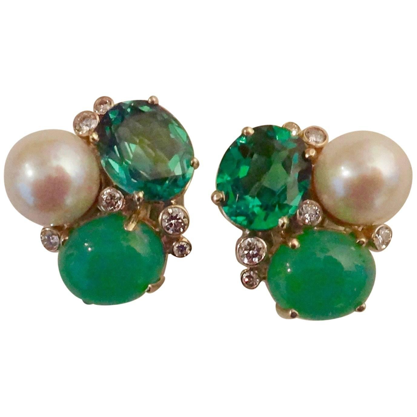 Michael Kneebone Chrysoprase Green Topaz Diamond South Seas Pearl Earrings