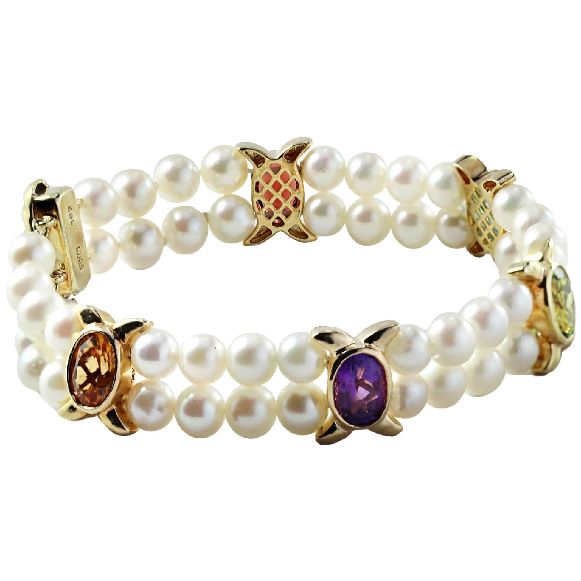 Cultured Pearl and Semi Precious Stone Double Strand Bracelet For Sale