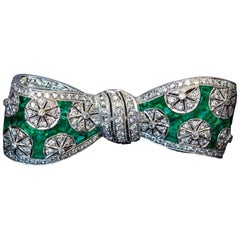 Art Deco Diamond Emerald Platinum Bow Brooch