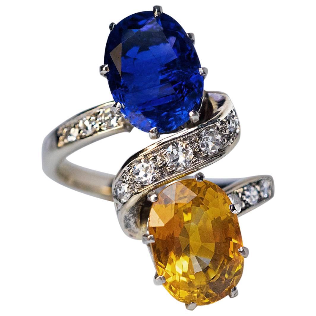 French Blue Orange Sapphire Diamond Ring