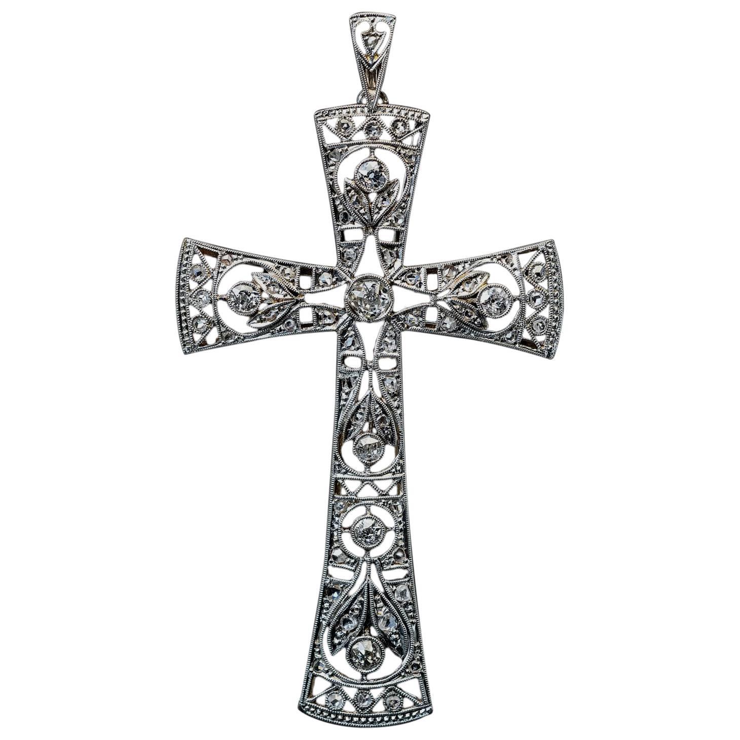 Large Antique Openwork Diamond Platinum Cross Pendant