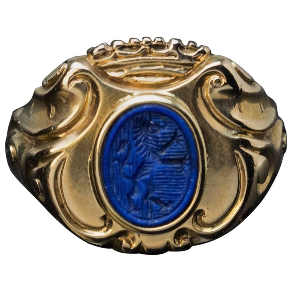 19th Century Antique Lapis Gold Armorial Signet Ring