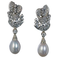 Art Deco Diamond Cultured Pearl Dangle Earrings
