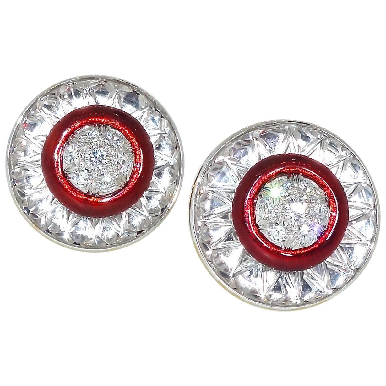 David Webb Rock Crystal, Diamonds and Red Enamel Earrings