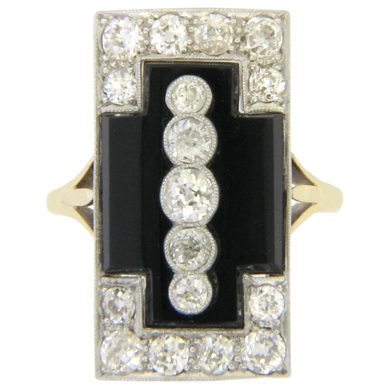 Art Deco Onyx Diamond Gatsby Ring 1.32 Carat For Sale