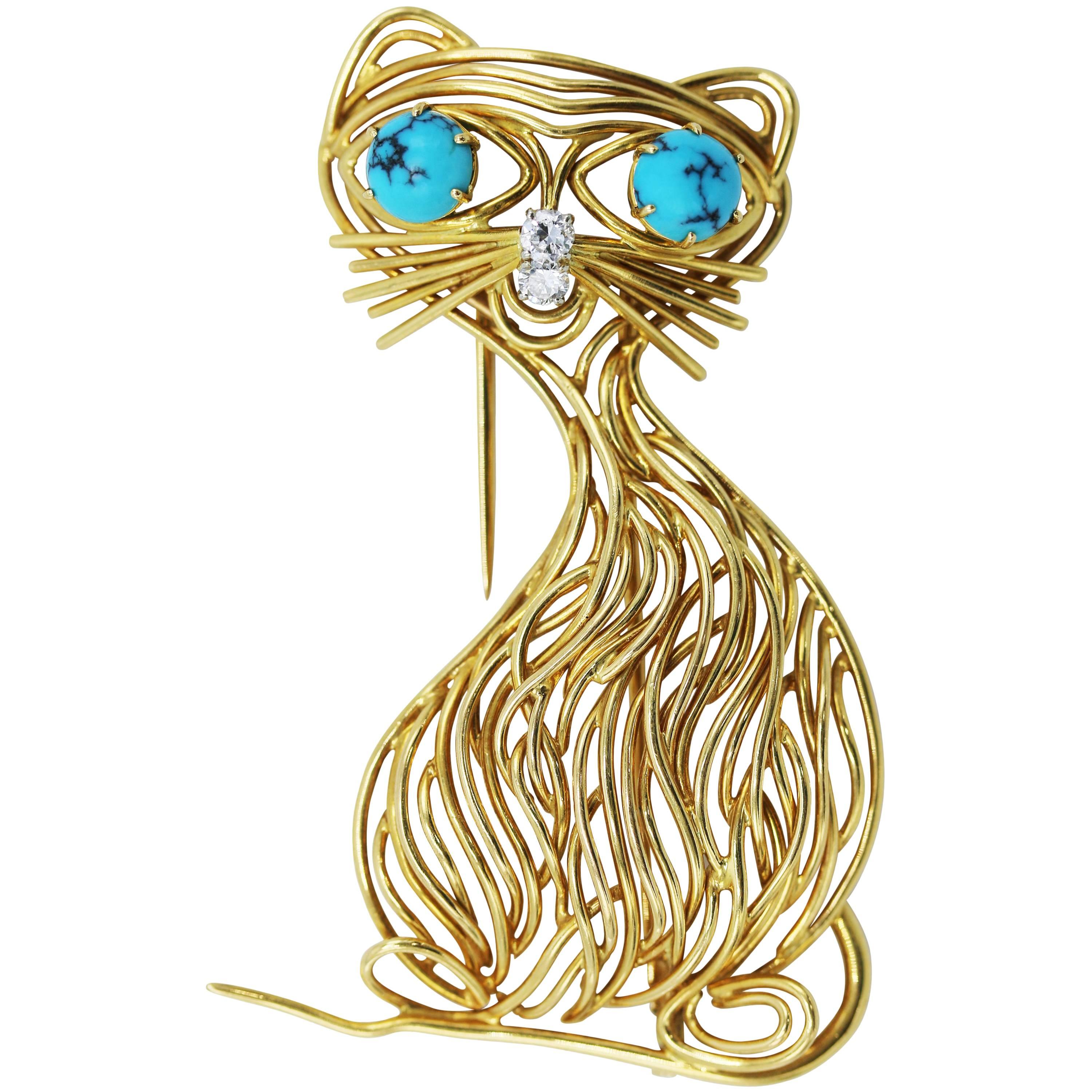 1960s Turquoise and Diamond Cat Brooch