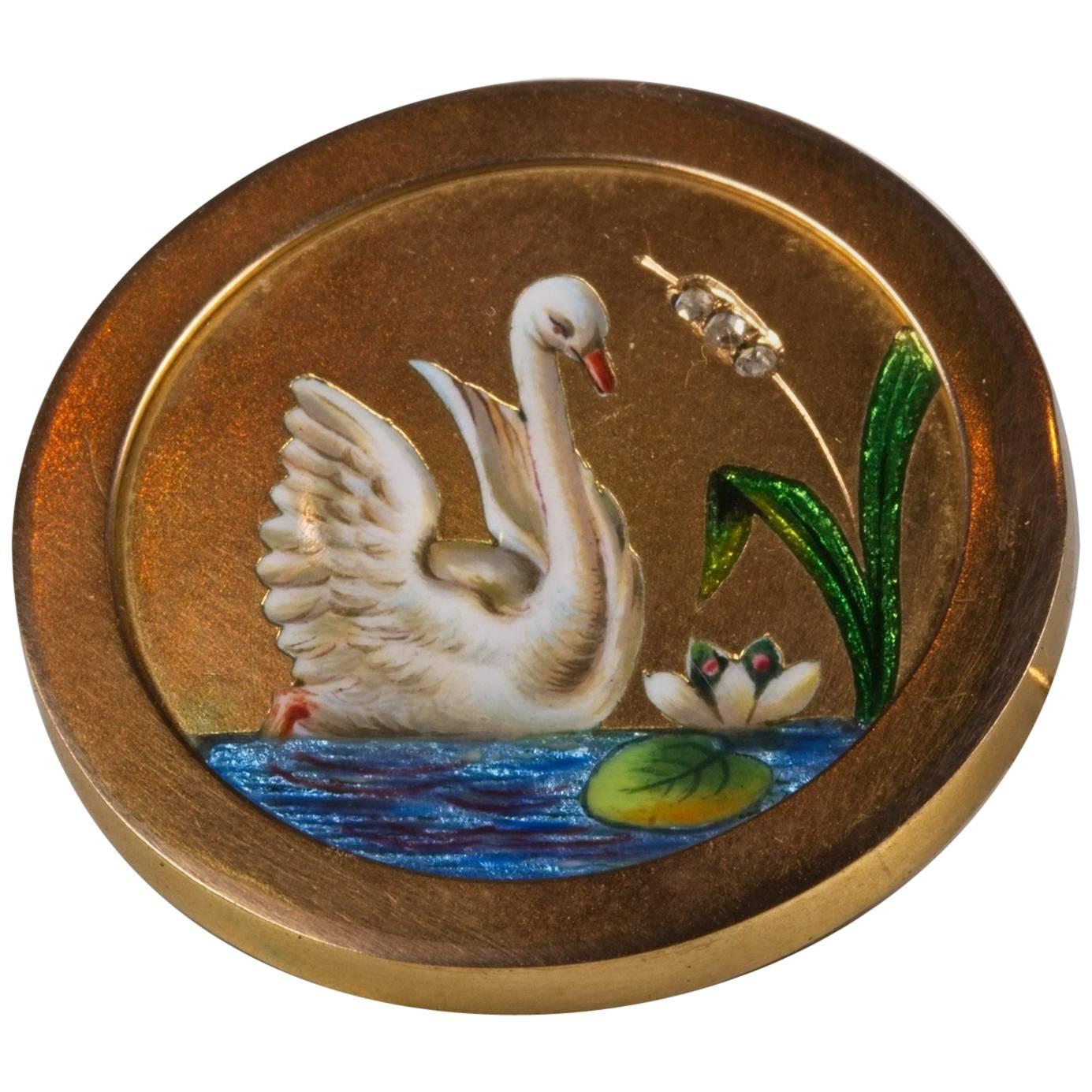 18 Carat Gold Enamel and Diamond Swan Miniature Portrait Brooch For Sale