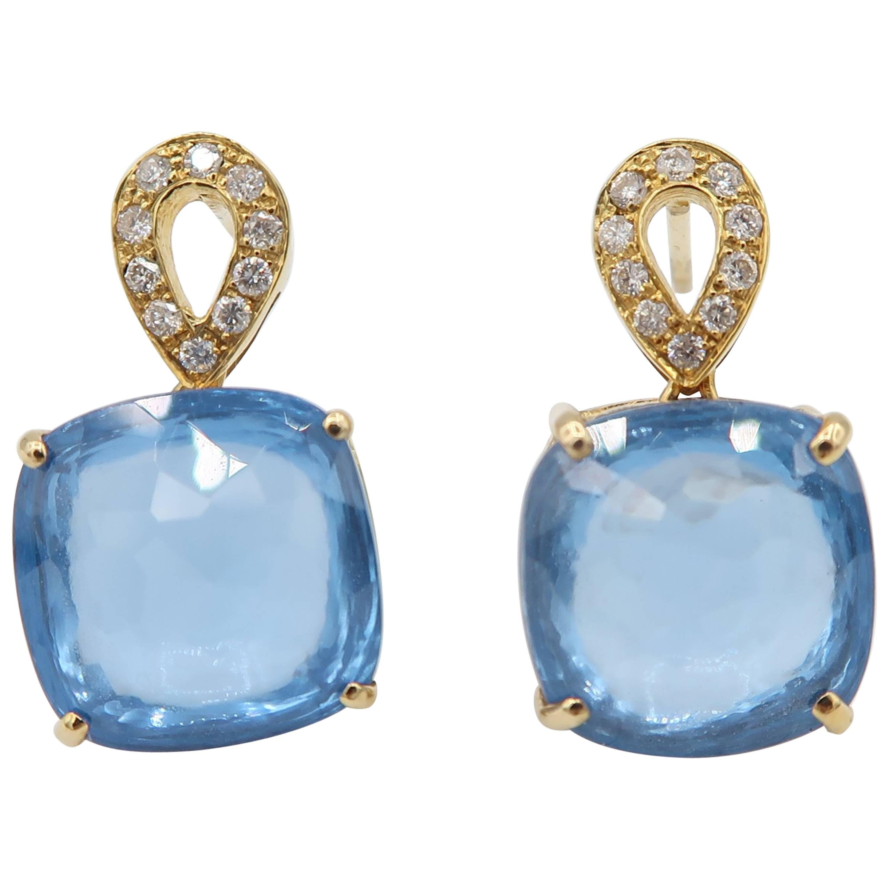Blue Topaz Diamond Yellow Gold Pierced Earrings