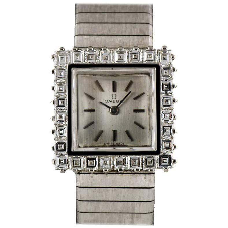 Omega White Gold Silver Dial Diamond Set Ladies Vintage Manual Wind Watch 8082