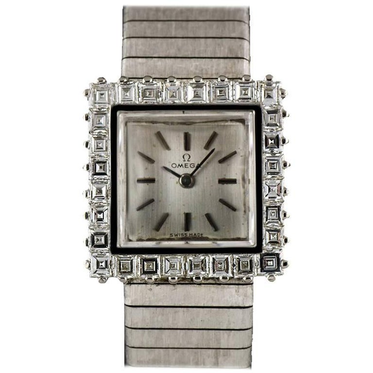 Omega White Gold Silver Dial Diamond Set Ladies Vintage Manual Wind