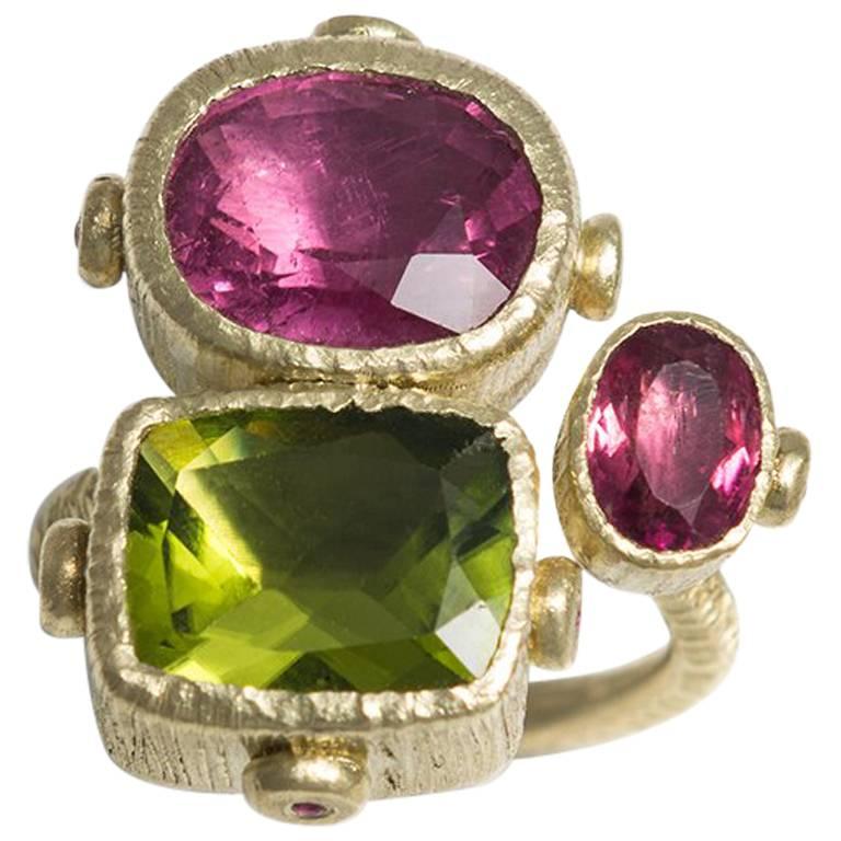 One of a Kind Rubelite Peridot and Sapphires Cocktail Ring in Gold and Silver For Sale