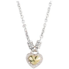 Puffed Heart Sterling Silver and 18 Karat Yellow Gold Necklace