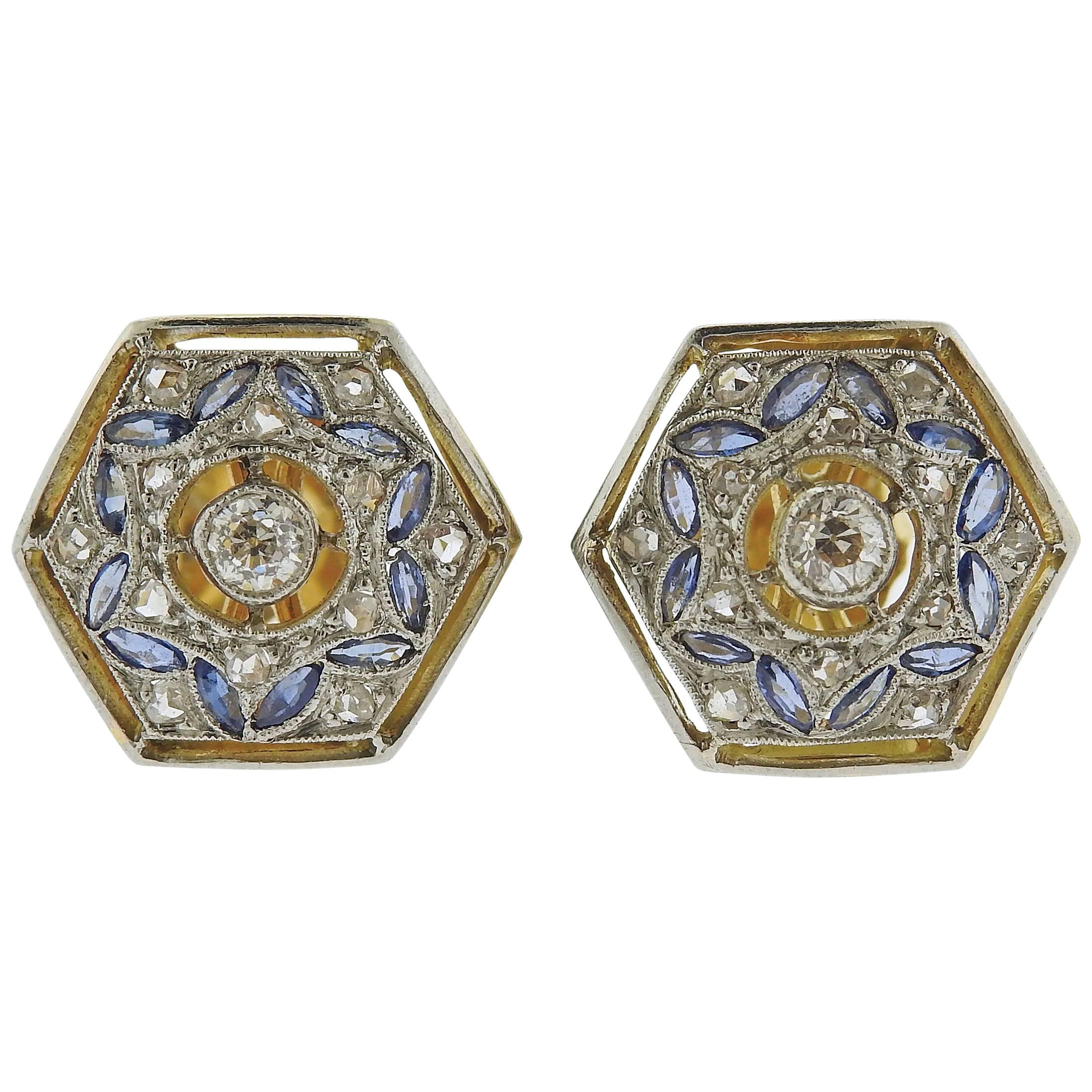 Art Deco Diamond Sapphire Gold Stud Earrings