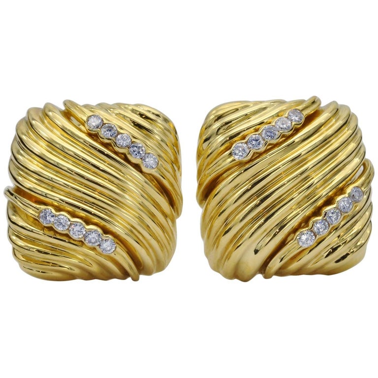 Gold and Diamond ClipOn Earrings For Sale at 1stdibs