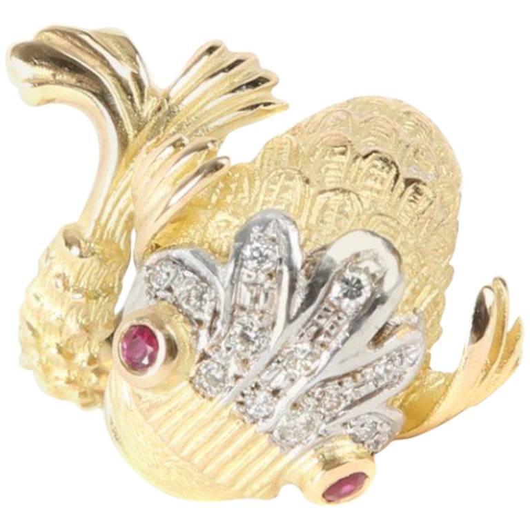 Yvonne Leon's Ring Fish with Diamonds Ruby and 18 Karat Gold For Sale