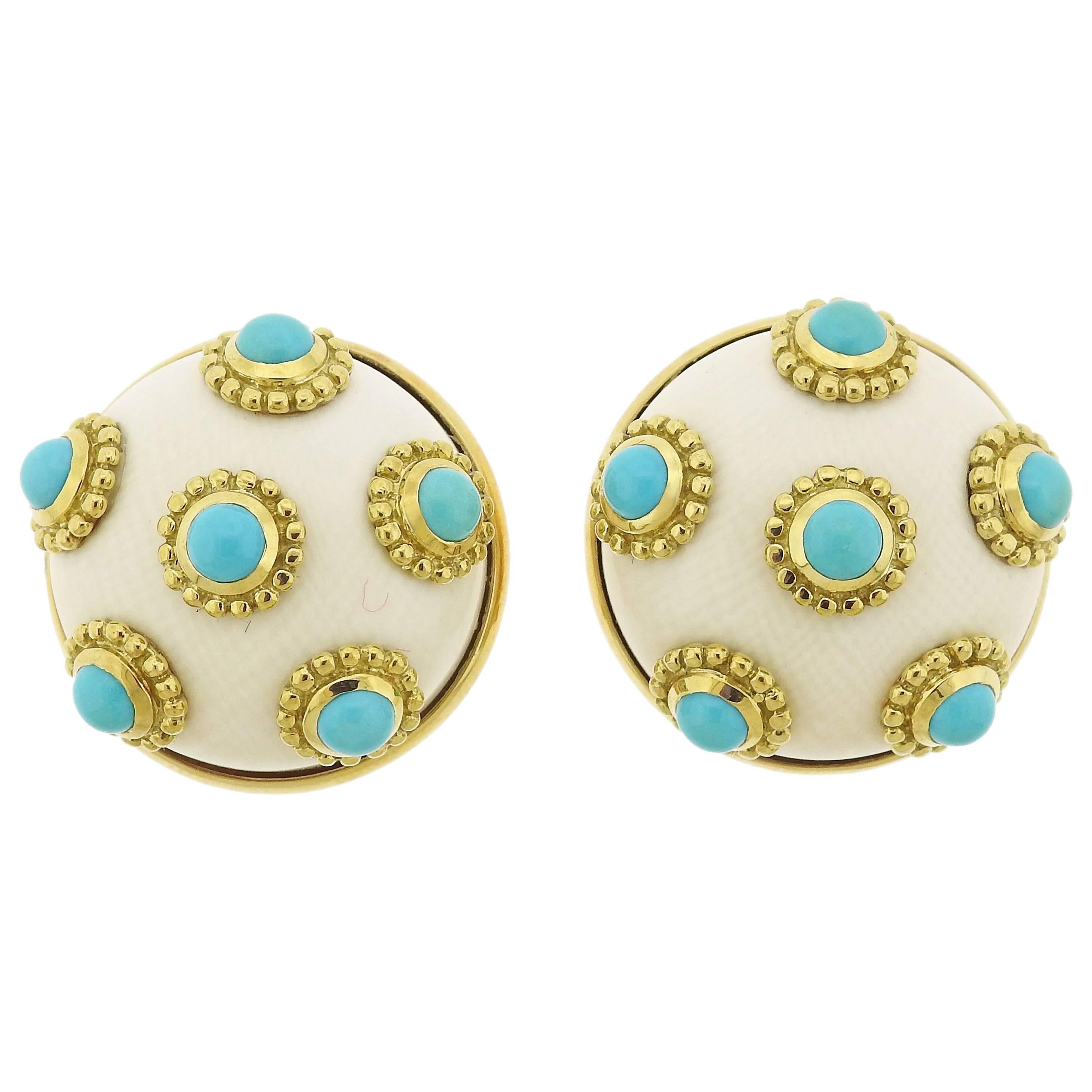 Adria de Haume Turquoise Hardstone Gold Button Earrings