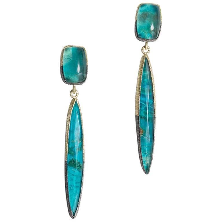 Chrysocolla Green Gold Sterling Black Silver Drop Dangle Earrings For Sale