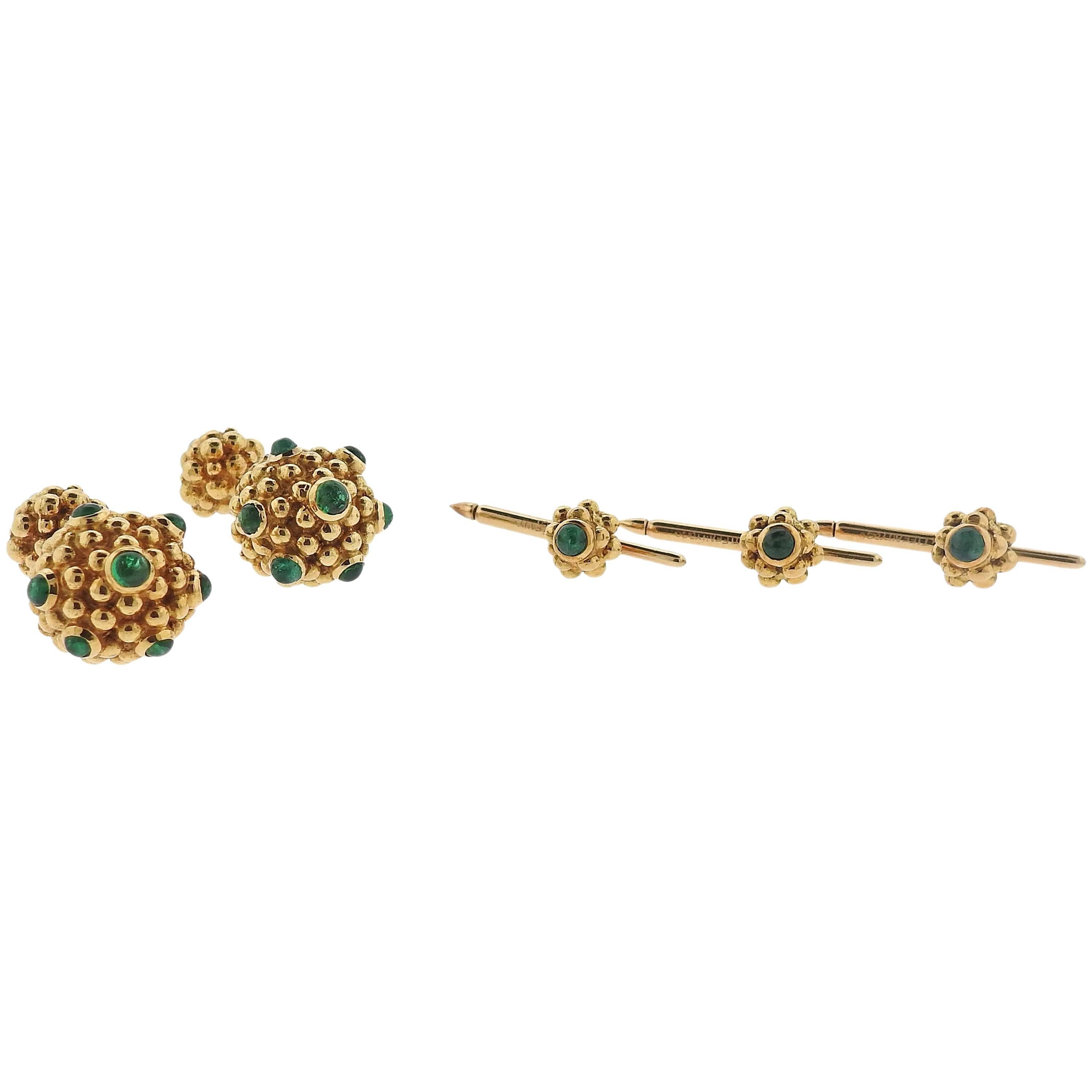 Tiffany & Co. Emerald Gold Cufflinks Stud Dress Set For Sale