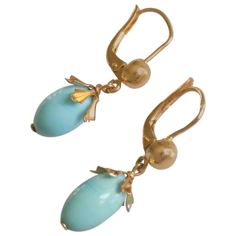 Vintage 18 Karat Gold Turquoise Drop Earrings at 1stdibs