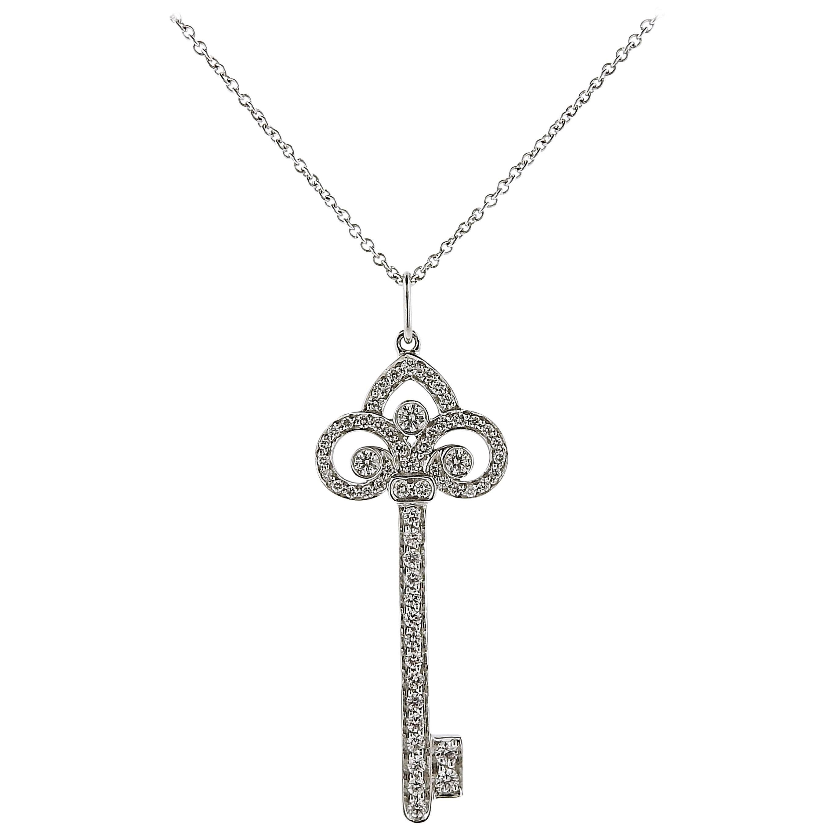 Tiffany & Co. Diamond Platinum Fleur-de-Lis Key Pendant Necklace
