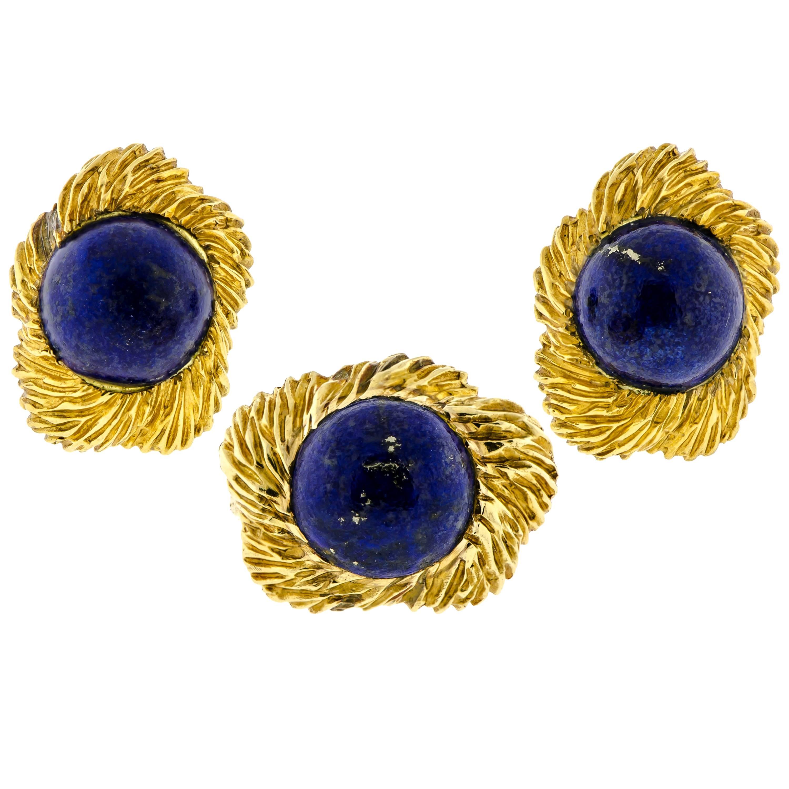 Mid-Century Lapis and 18 Karat Yellow Gold Ring and Earring Set by Ruser For Sale
