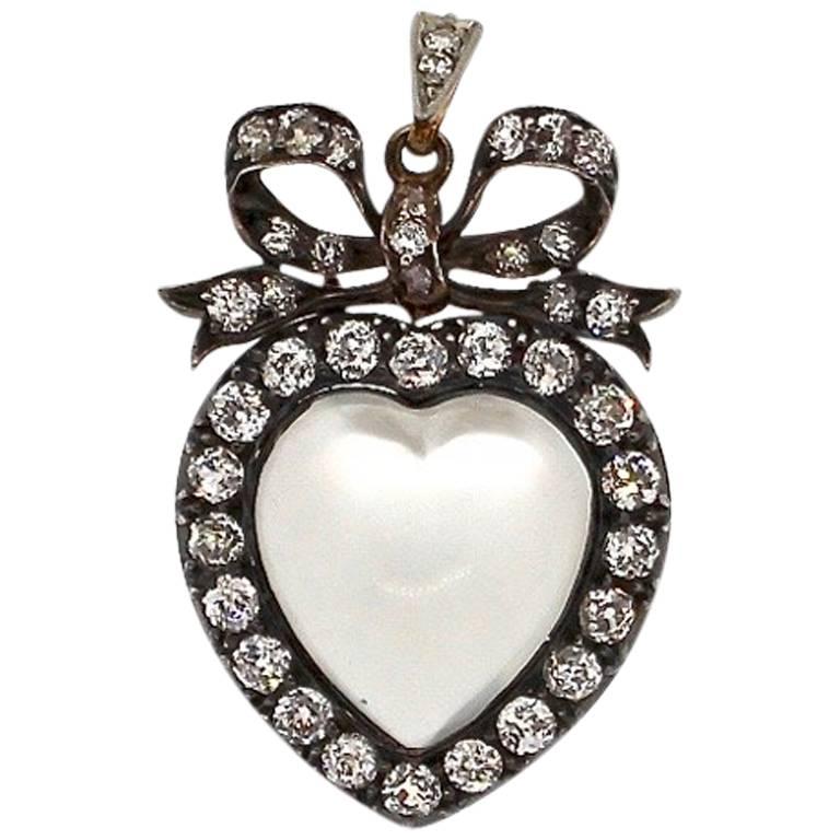 Antique 19th Century Silver Topped Gold Moonstone Diamond Heart Pendant