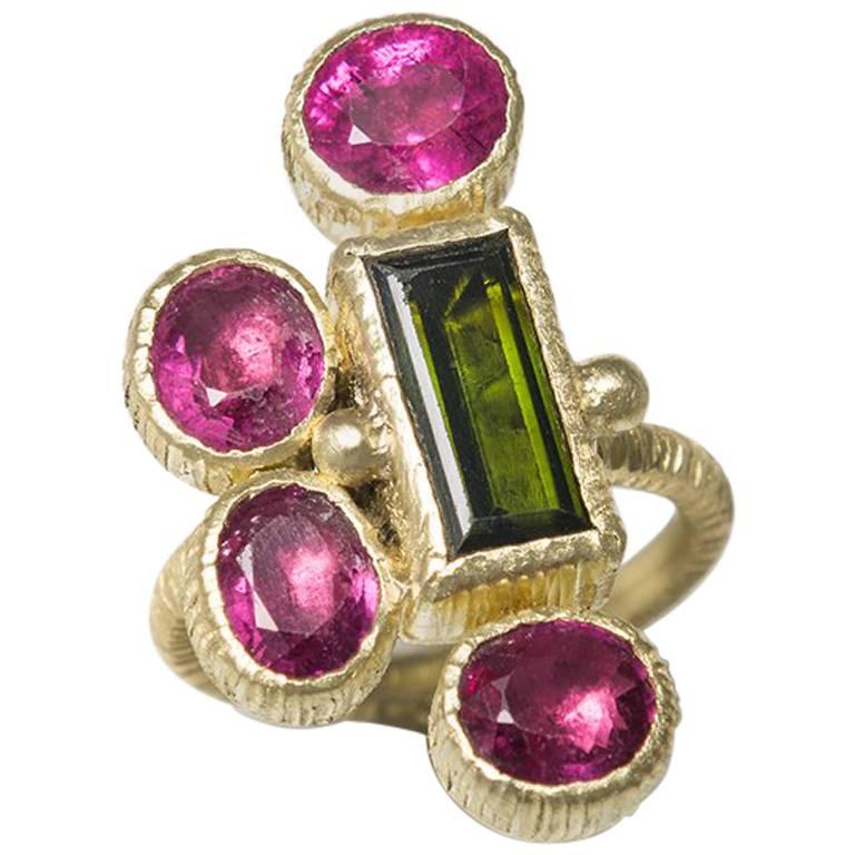 Rubelite Tourmaline  Green Tourmaline 18 Karat Green Gold Cocktail Ring For Sale