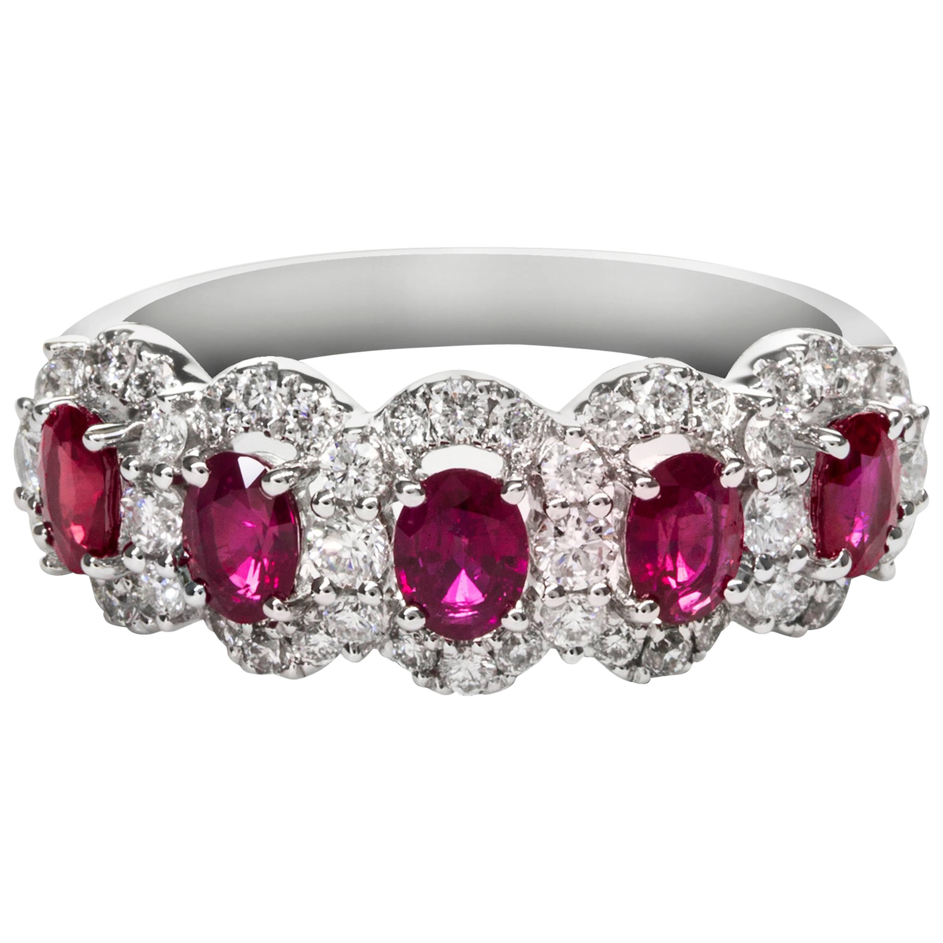 Ruby Diamond Halo Gold Five-Stone Ring