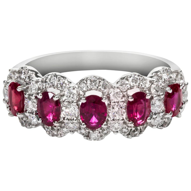 Ruby Diamond Halo Gold Five-Stone Ring For Sale at 1stdibs