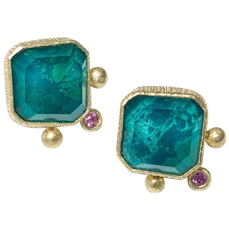 Chrysocolla Doublet and Sapphires Colourful Handmade Stud Earrings