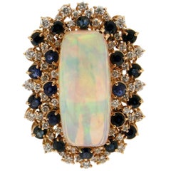 Retro Australian Opal Yellow Gold Diamonds Cocktail Ring