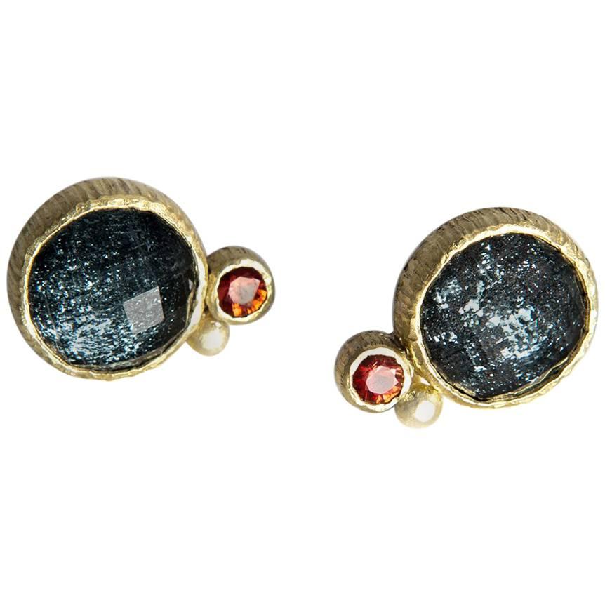 Hematite Doublet Red Sapphire Gold Stud Earrings