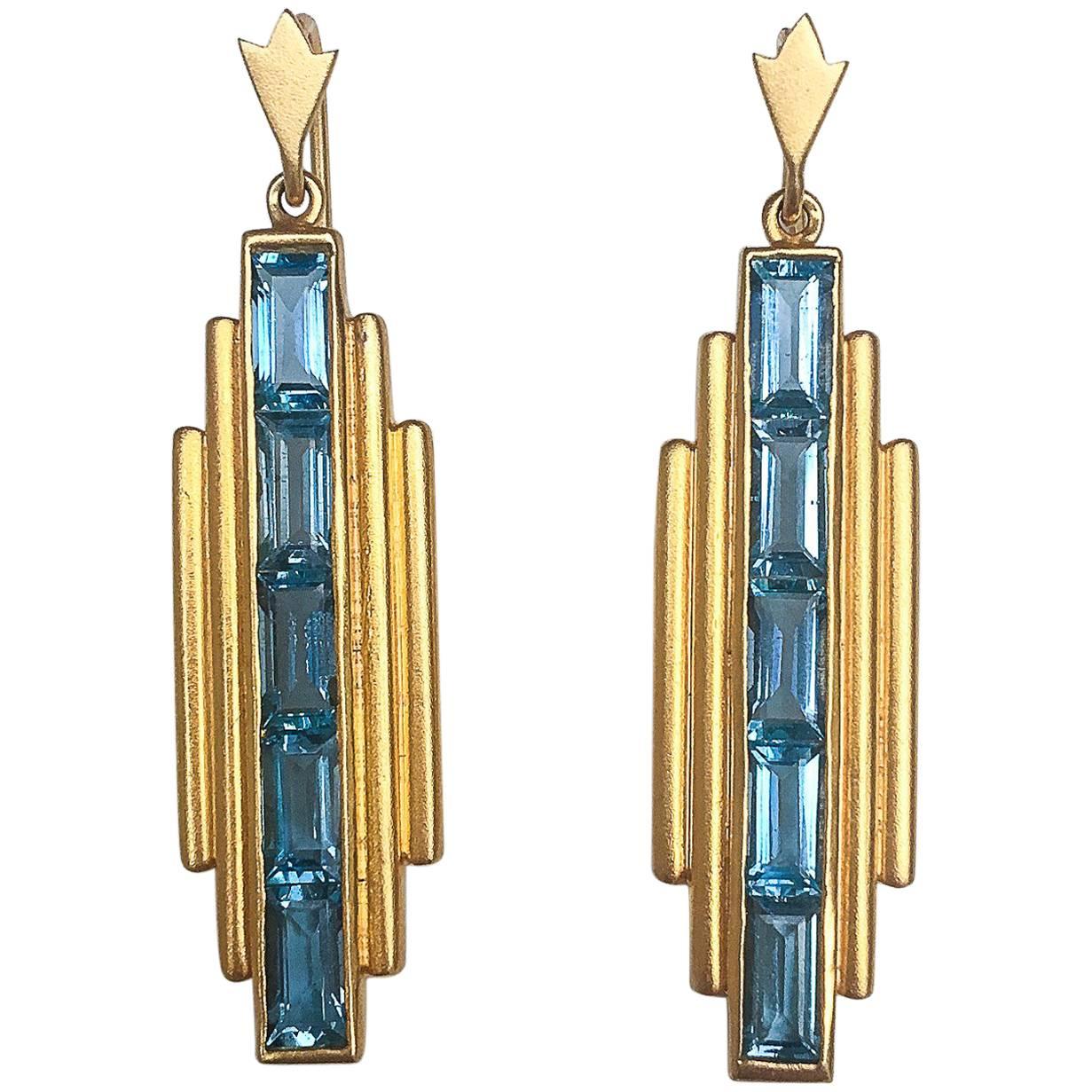 Lauren Harper London Blue Topaz, 18 Karat Gold Deco Drop Earrings