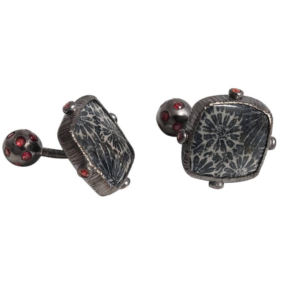 Coral Fossil Red Sapphires Rhodium Plated Sterling Silver Cufflinks For Sale
