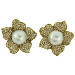 South Sea Pearl Gold and Diamond Flower Earrings