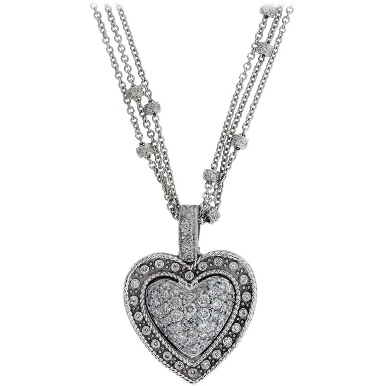 White Gold and Diamond Heart Pendant with Diamond Chain For Sale at 1stDibs