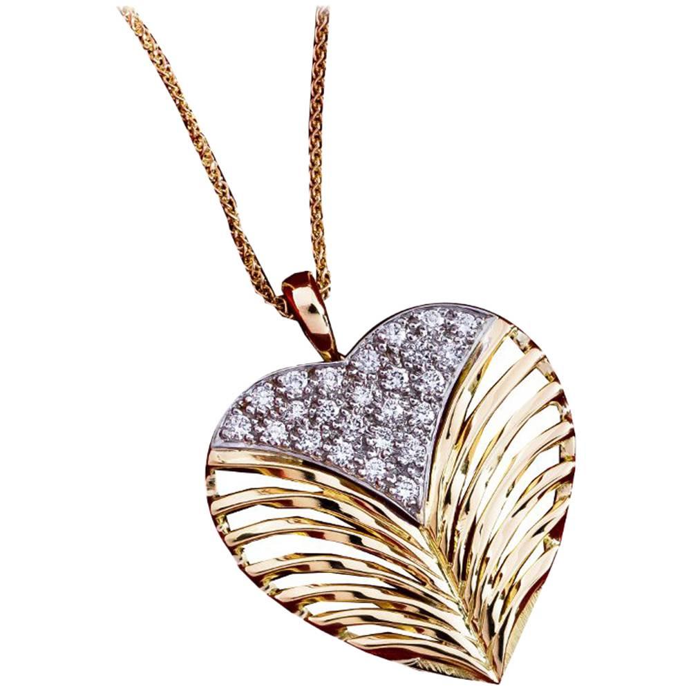 Daou Diamond, White & Yellow Gold Heart Pendant Necklace with Leaf Motif Detail For Sale