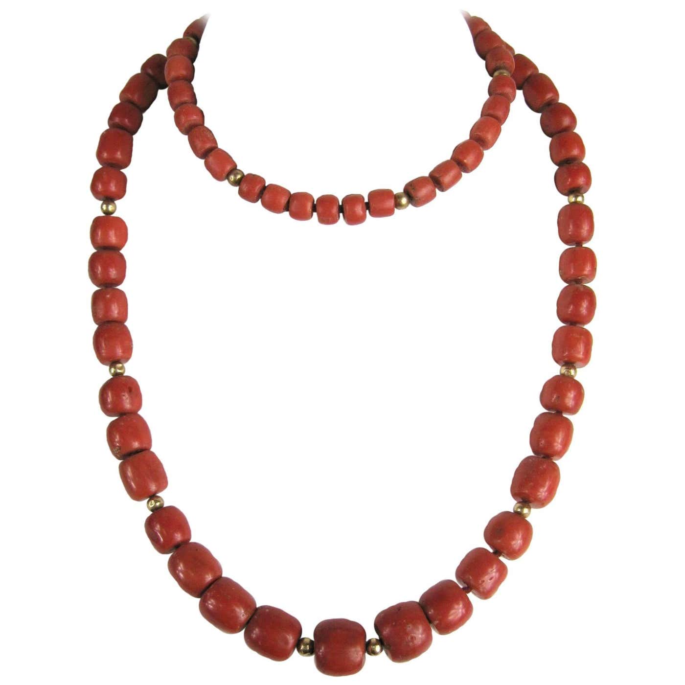 Natural Mediterranean GIA Red Coral Gold 14 Karat Beaded Necklace For ...