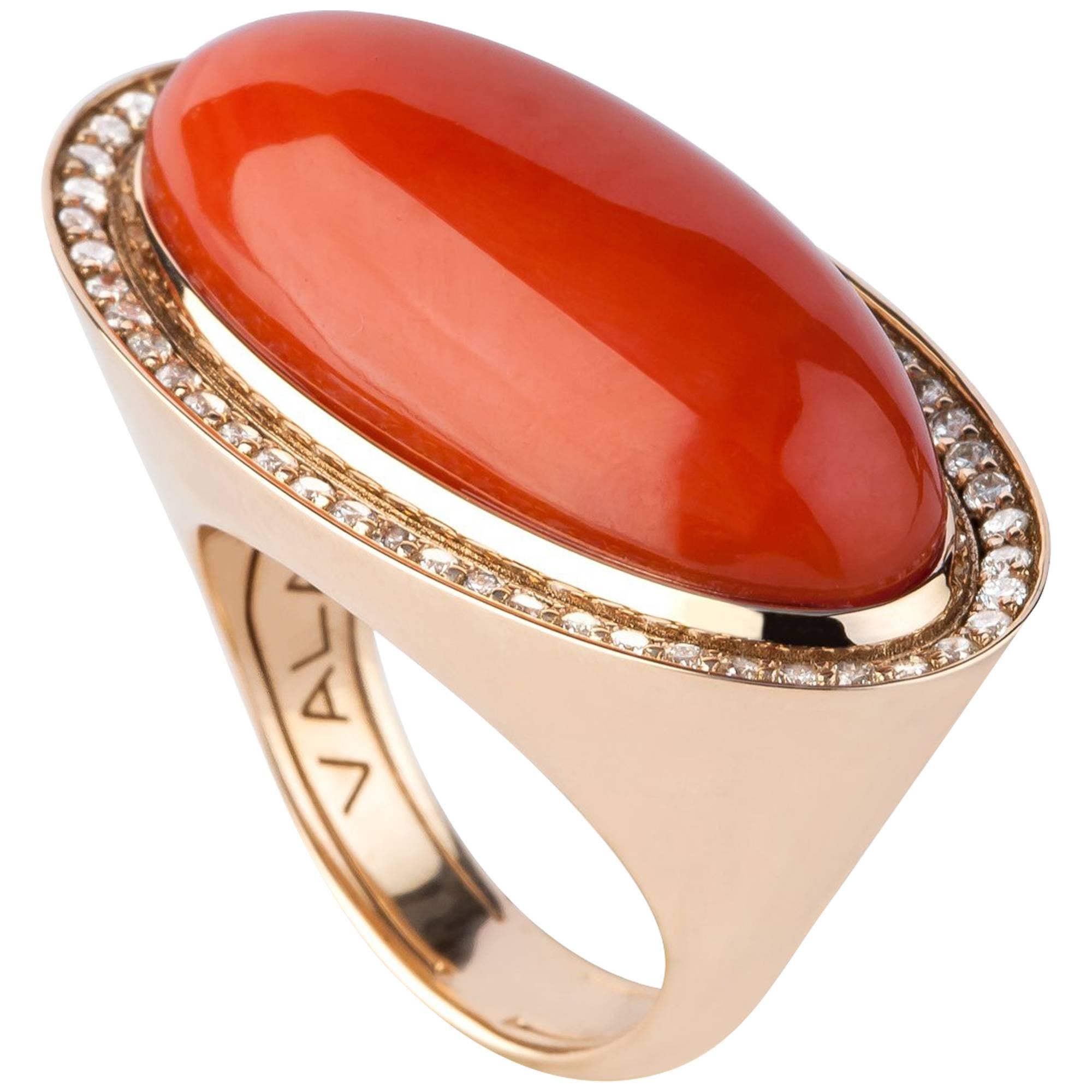 Mediterranean Coral, Round Diamonds, Valadier Fashion Ring For Sale