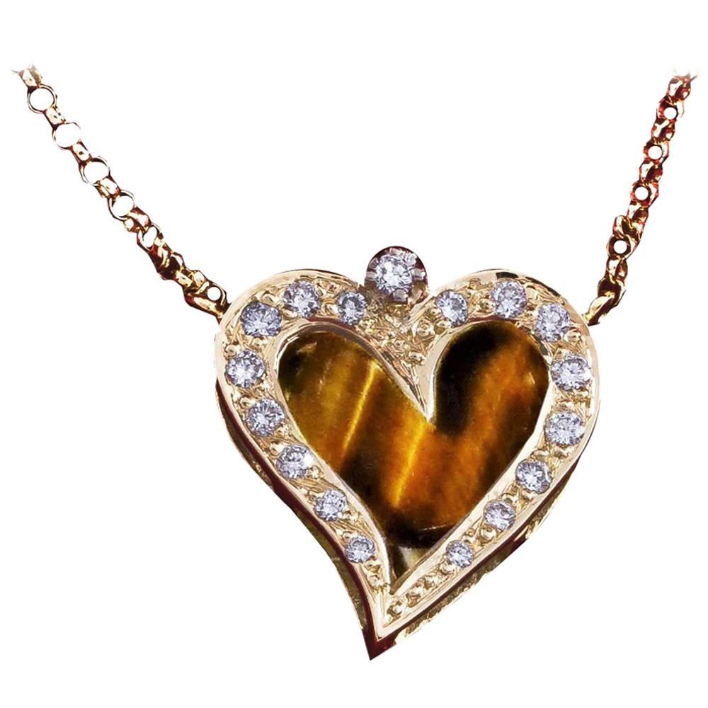 Daou Diamond Tigers Eye and 18K Yellow Gold Happy Little Heart Pendant Necklace For Sale