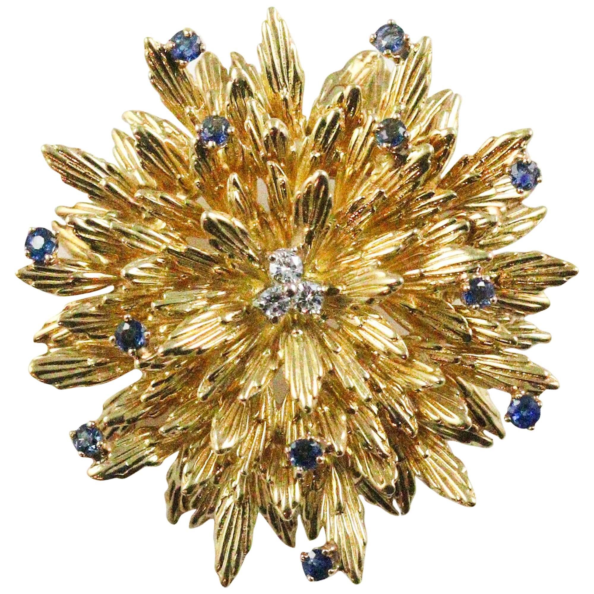 Modernist Tiffany & Co. 18 Karat Yellow Gold Sapphire and Diamond Flower Brooch