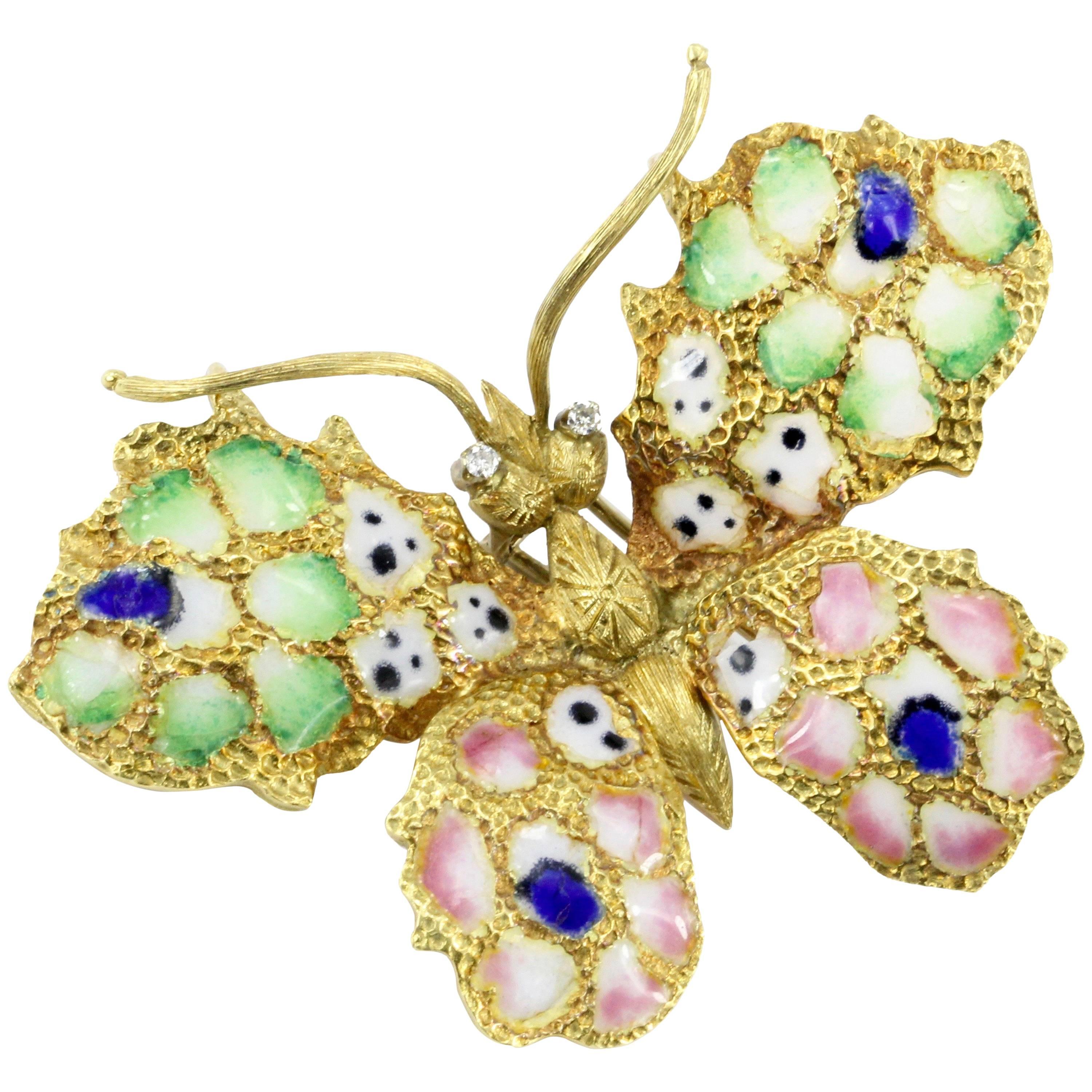 Retro Art Nouveau Revival 18 Karat Gold Plique-à-Jour Enamel Butterfly Brooch