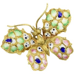 Vintage Art Nouveau Revival 18 Karat Gold Plique-à-Jour Enamel Butterfly Brooch