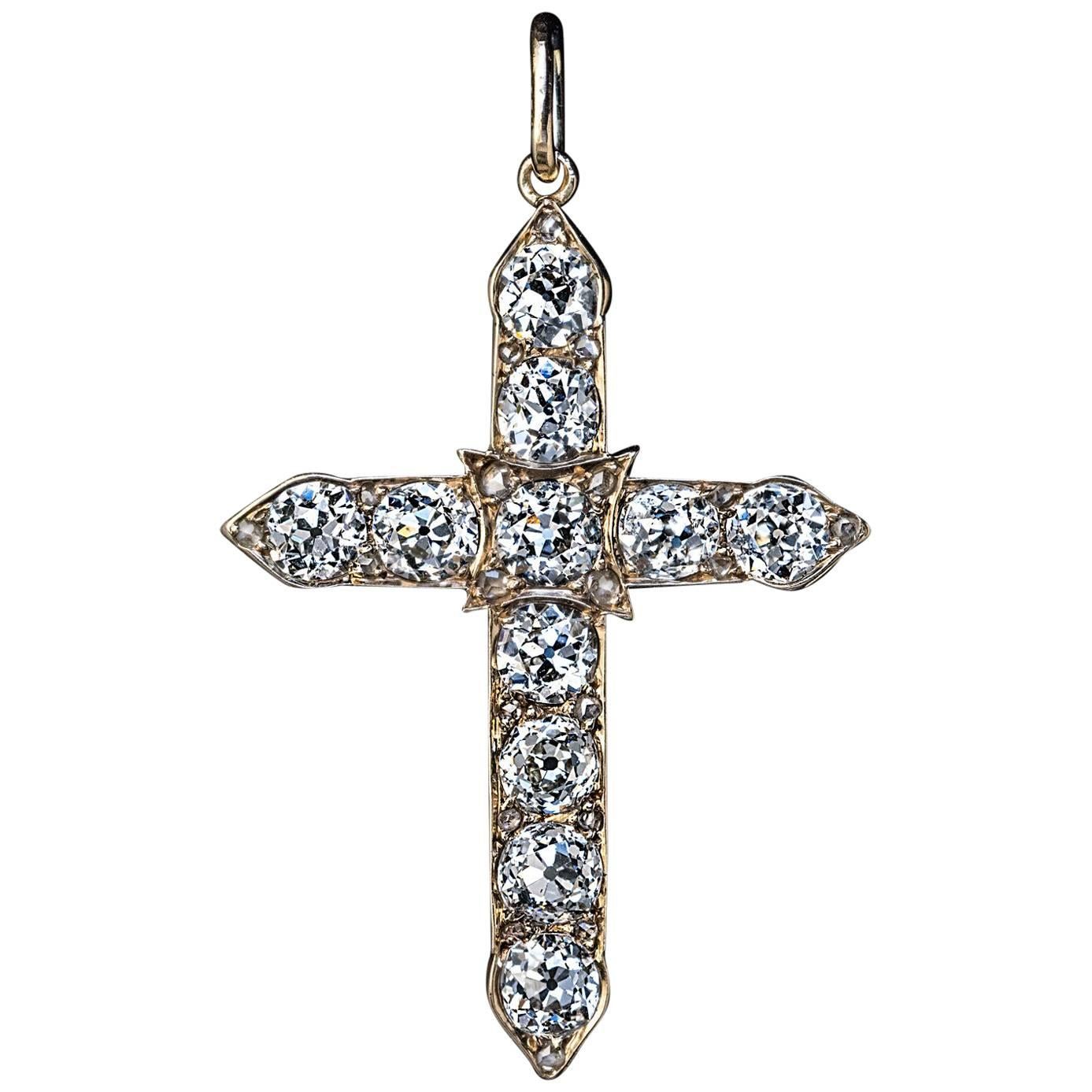 Antique Russian 4.80 Carat Diamond Gold Cross Pendant