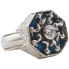 14 Karat White Gold and Diamond Ring with Opal Backing and Duck Design