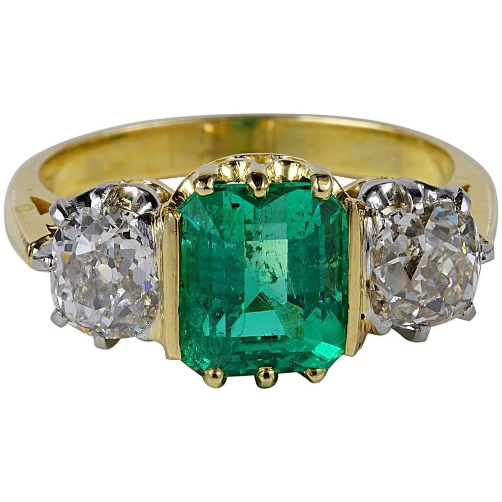Victorian 2.90 Carat Natural Colombian Emerald 1.80 Ct Diamond Rare Trilogy Ring For Sale