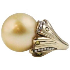 Golden South Sea Pearl White and Yellow Diamond Ring