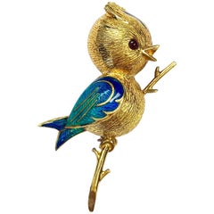 Vintage French Gold and Enamel Bird Pin