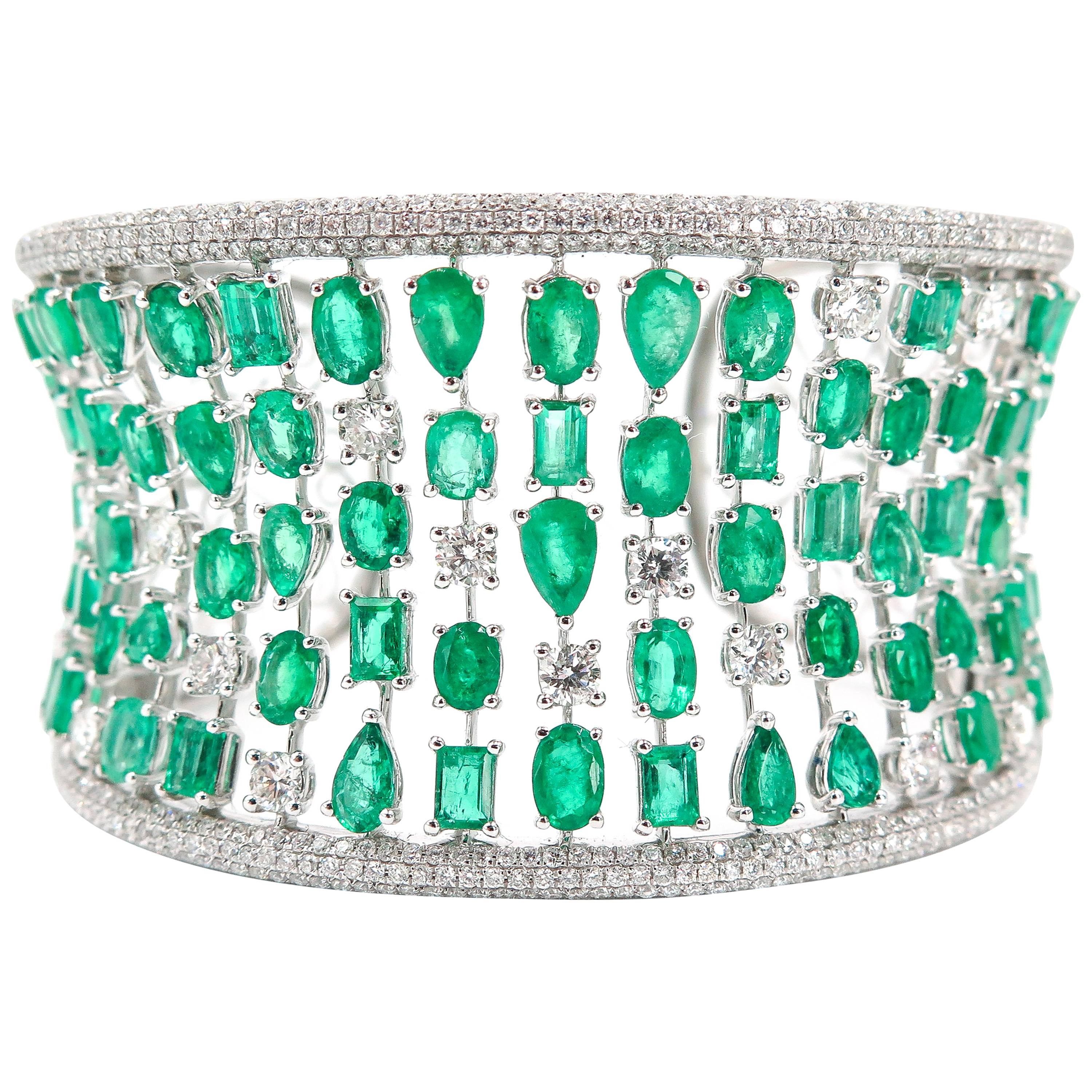 White Gold Emerald and Diamond Cuff Bracelet